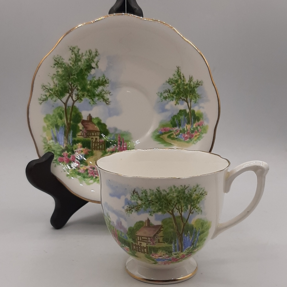 Vintage Queen Anne Tea Cup and Saucer England Bone China Tudor Cottage